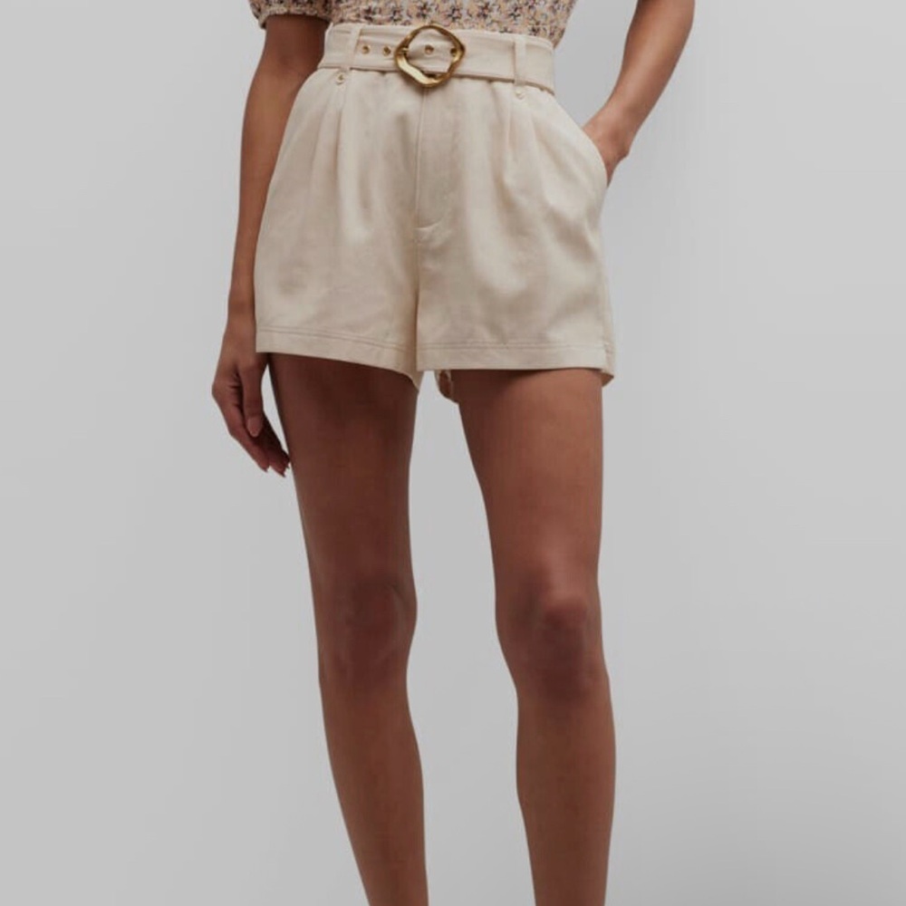 PAIGE Tan High Waist Shorts with Pleated Front